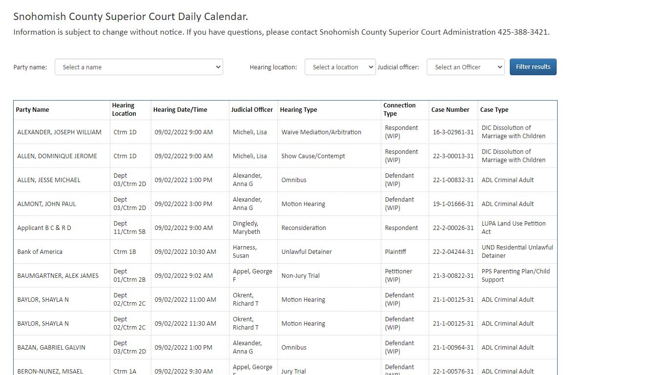 Snohomish County Superior Court Daily Calendar.